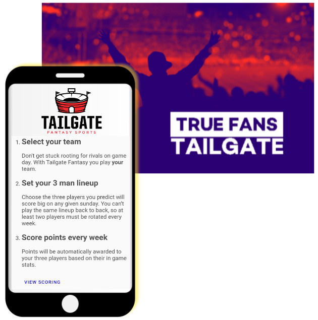 Cheering fans and iPhone showing the three rules of Tailgate Fantasy Sports. 1 pick your favorite team. 2 set a three-man lineup using players from your favorite team only. 3 rotate two players each game.